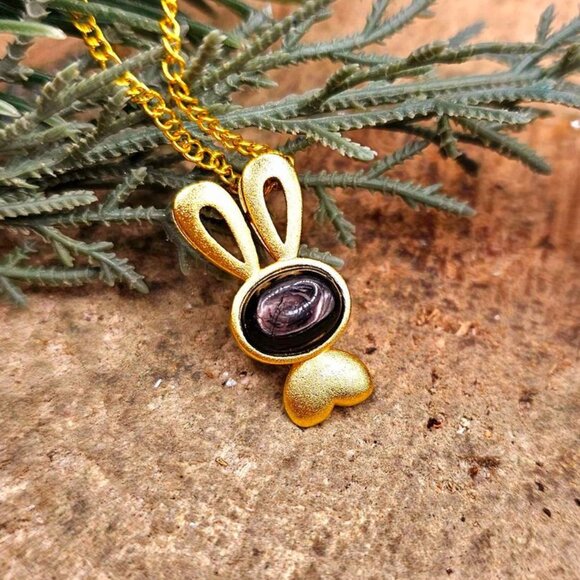 Silver Obsidian Flashy Stone Gold Matte Cute Bunny Pendant Necklace - Picture 3 of 10
